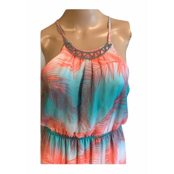 No Boundaries Peachy Palm Print & Mint Halter Maxi Dress-size Medium - Picture 2 of 7